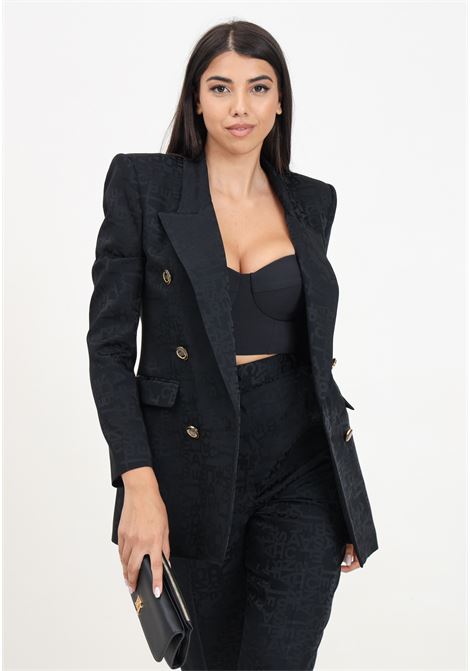 Black double-breasted women's jacket in crêpe jacquard lettering ELISABETTA FRANCHI | GI08146E2110